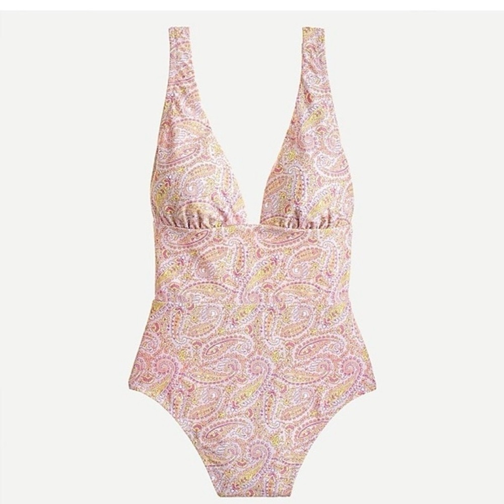 J. Crew Eco Plunge V Neck One Piece Swimsuit in Beach Paisley Sz 12